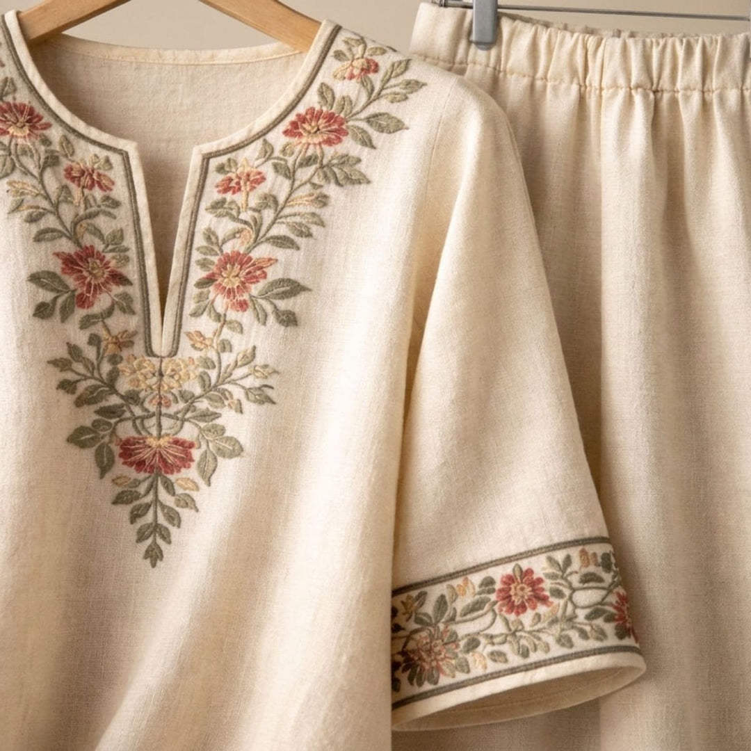 Dames Tweedelige Set Geborduurde Tuniek Wijdbeense Broek