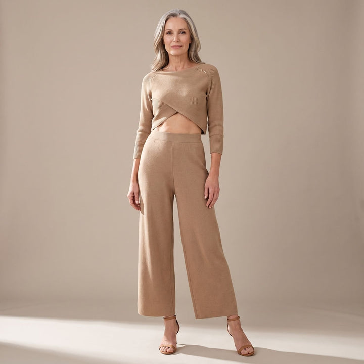 Dames Tweedelige Set Gebreide Cropped Top Wijdbeense Broek