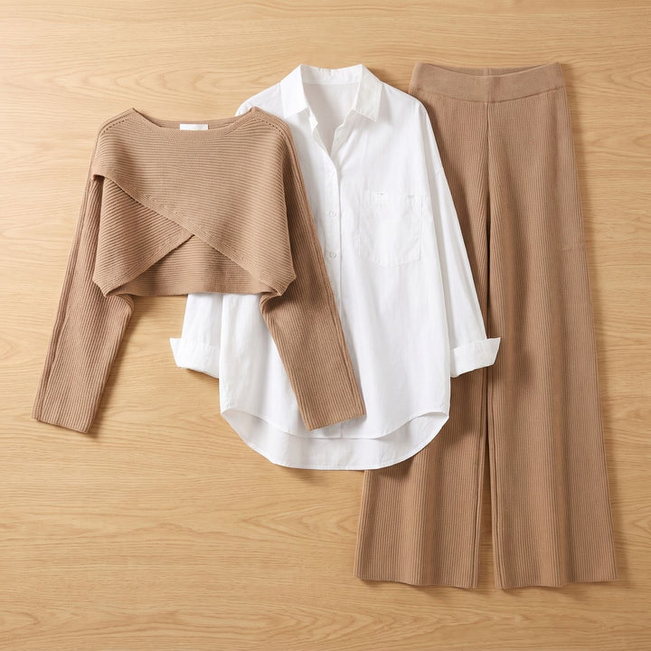 Dames Tweedelige Set Gebreide Cropped Top Wijdbeense Broek - Beige