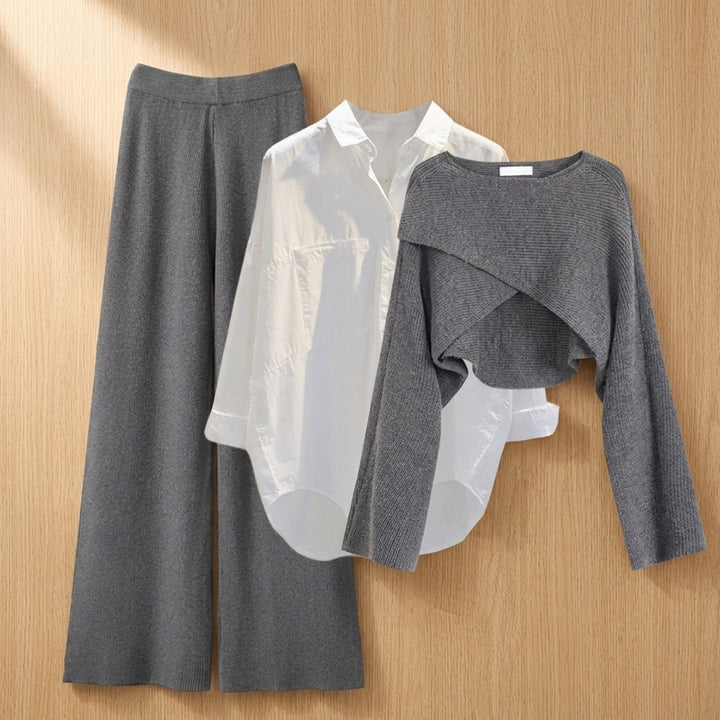 Dames Tweedelige Set Gebreide Cropped Top Wijdbeense Broek - Grijs
