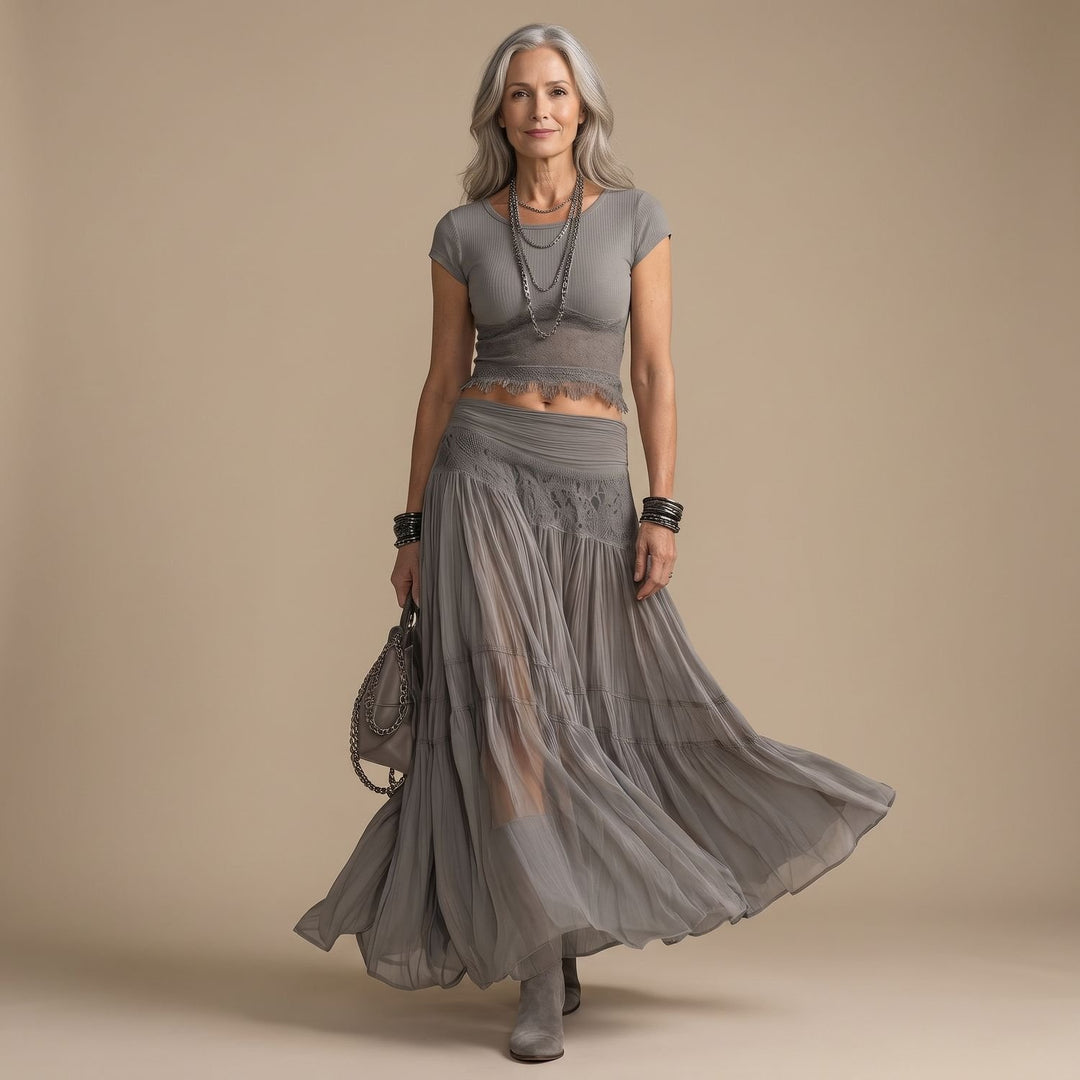 Dames Tweedelige Set Kanten Geplooide Maxi Rok - Grijs