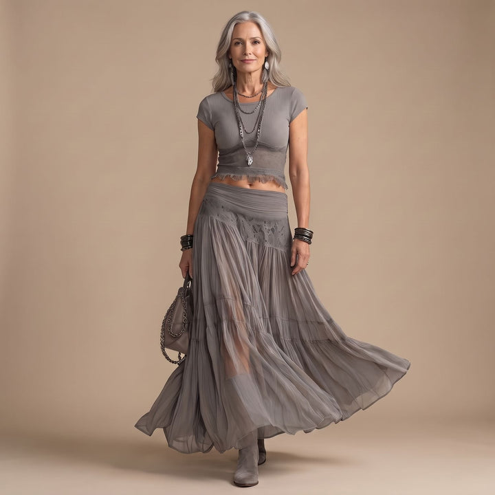 Dames Tweedelige Set Kanten Geplooide Maxi Rok