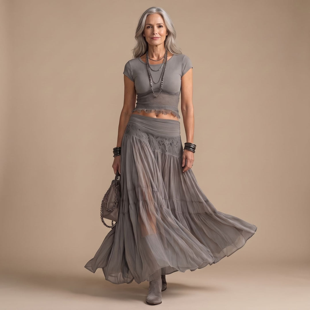 Dames Tweedelige Set Kanten Geplooide Maxi Rok