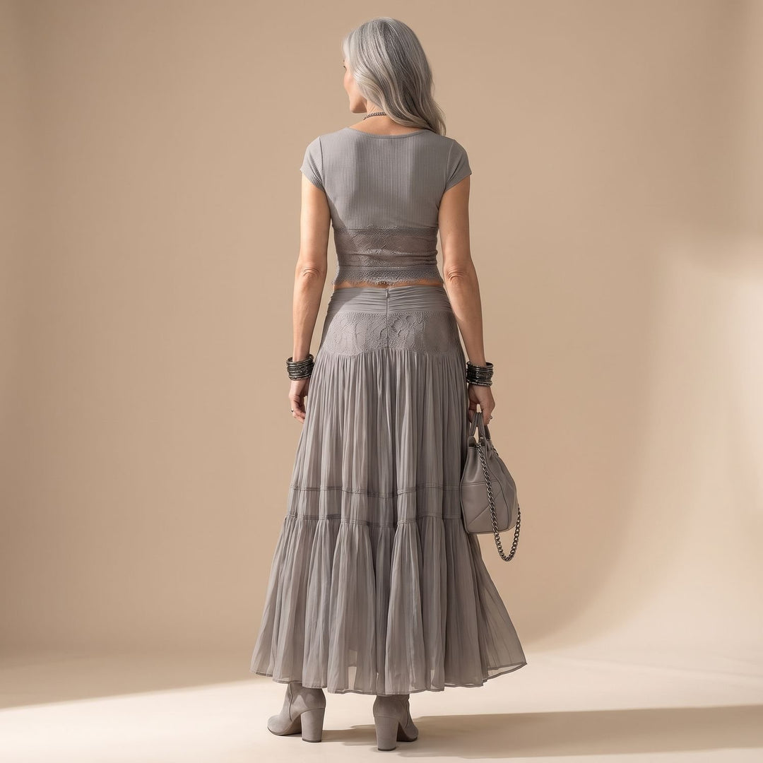 Dames Tweedelige Set Kanten Geplooide Maxi Rok
