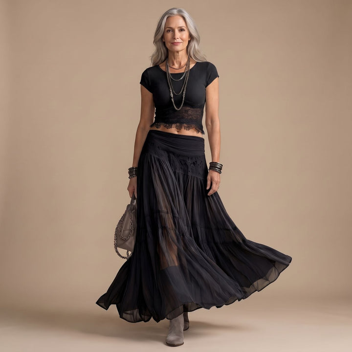 Dames Tweedelige Set Kanten Geplooide Maxi Rok - Zwart