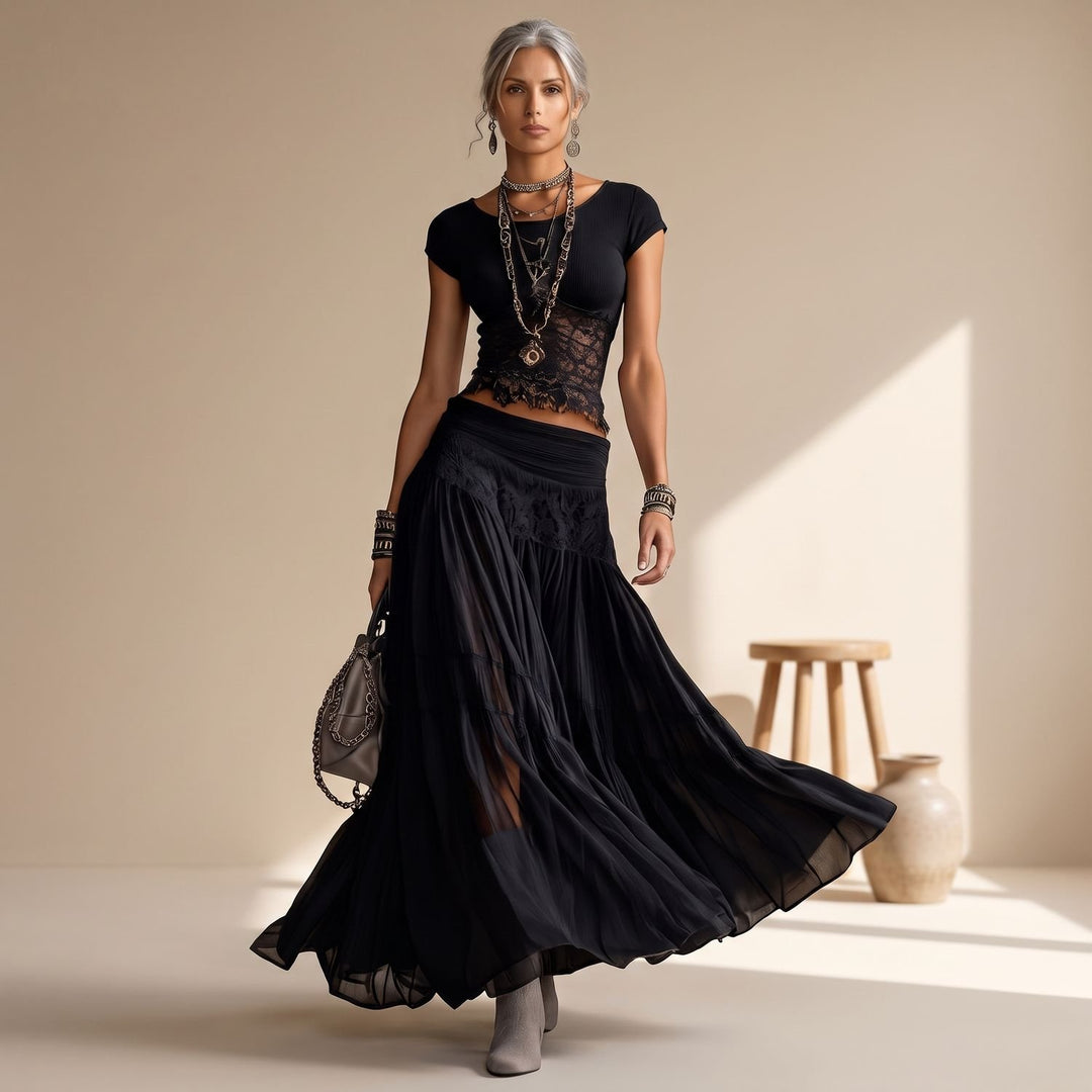 Dames Tweedelige Set Kanten Top en Geplooide Maxi Rok - Zwart