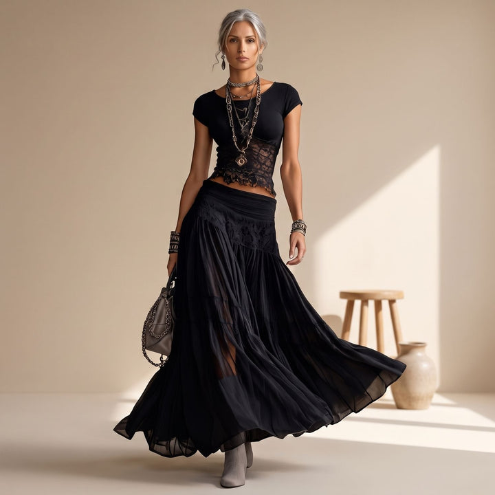 Dames Tweedelige Set Kanten Top en Geplooide Maxi Rok - Zwart