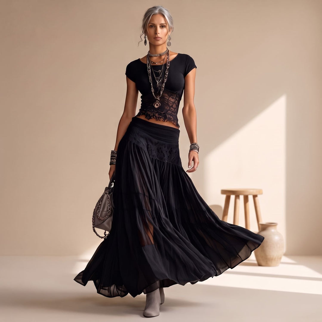 Dames Tweedelige Set Kanten Top en Geplooide Maxi Rok