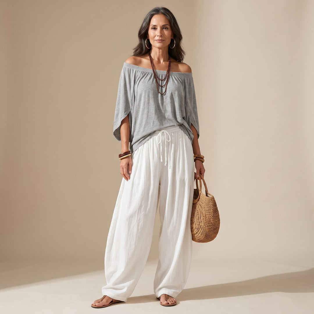Dames Tweedelige Set Off-Shoulder Top Wijde Broek Boho Co-ord - Grijs