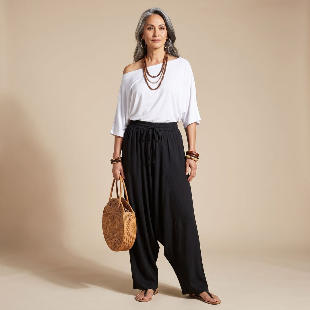 Dames Tweedelige Set Off-Shoulder Top Wijde Broek Boho Co-ord - Wit