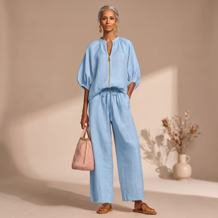 Dames Tweedelige Set Pofmouw Top Wijdbeense Broek Zomerset - Blauw