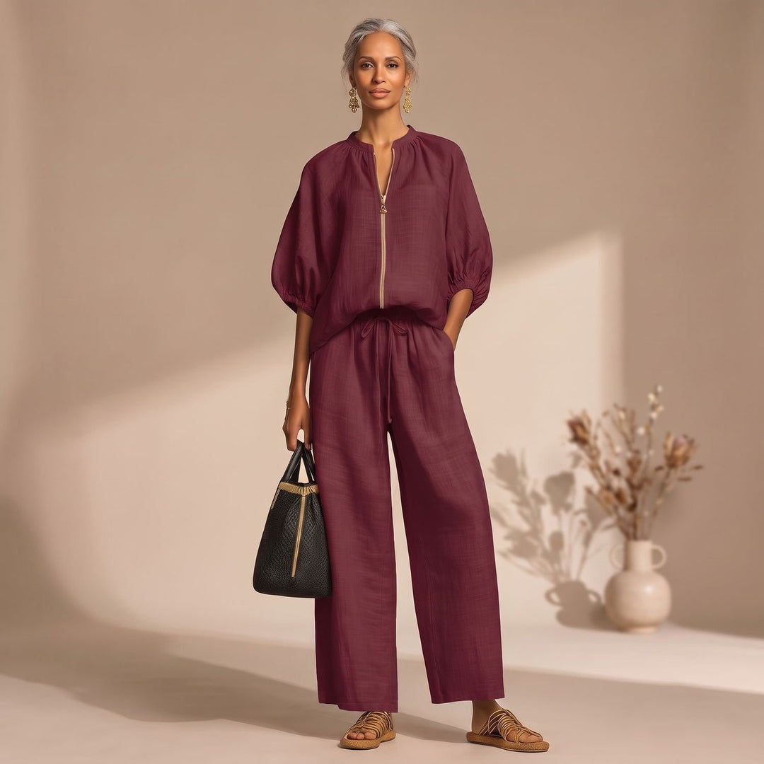 Dames Tweedelige Set Pofmouw Top Wijdbeense Broek Zomerset - Bordeaux