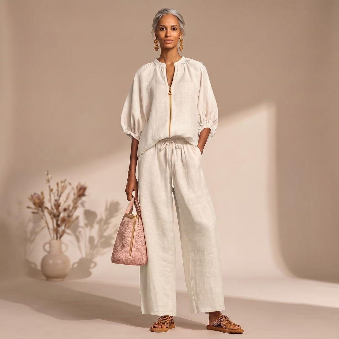Dames Tweedelige Set Pofmouw Top Wijdbeense Broek Zomerset - Beige