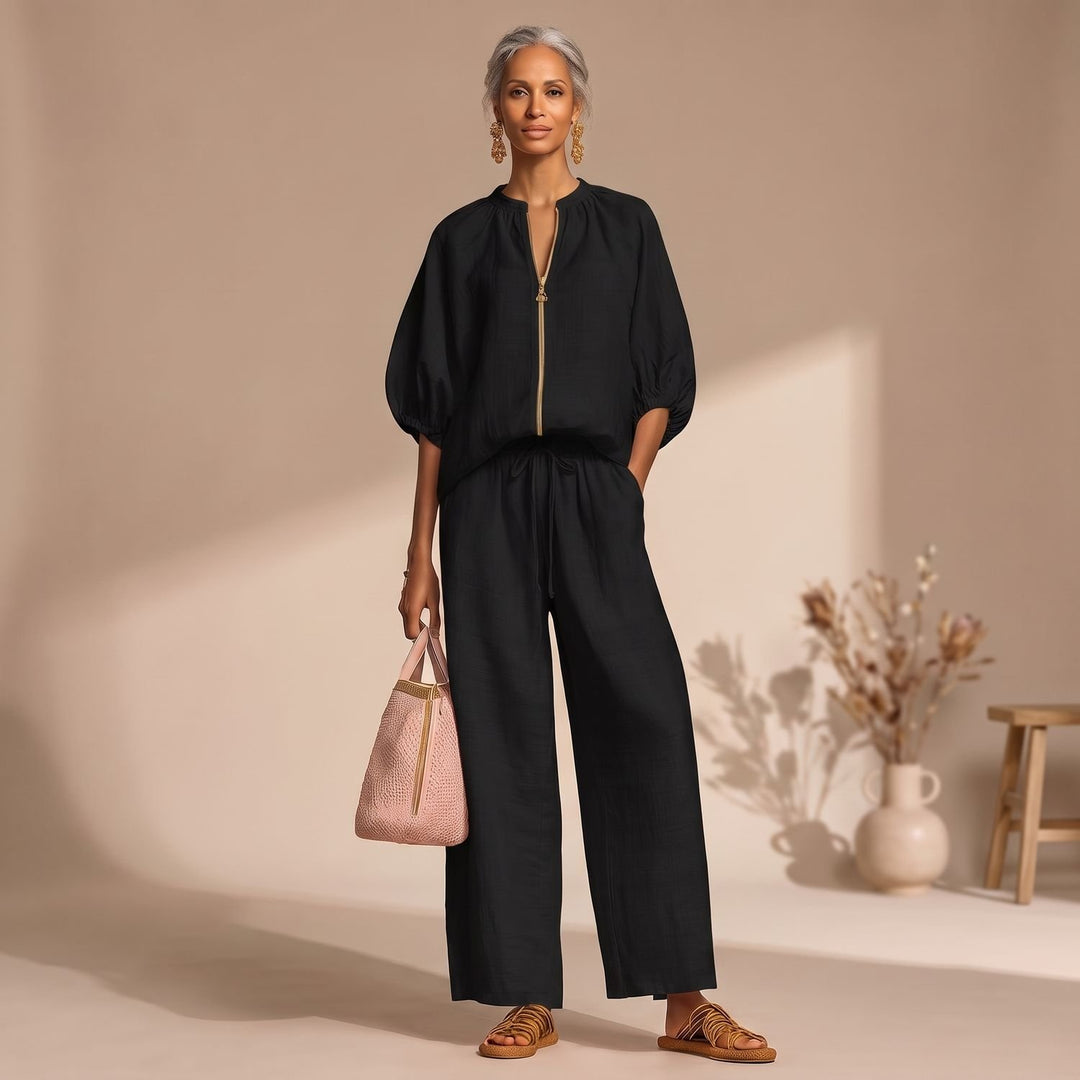 Dames Tweedelige Set Pofmouw Top Wijdbeense Broek Zomerset - Zwart