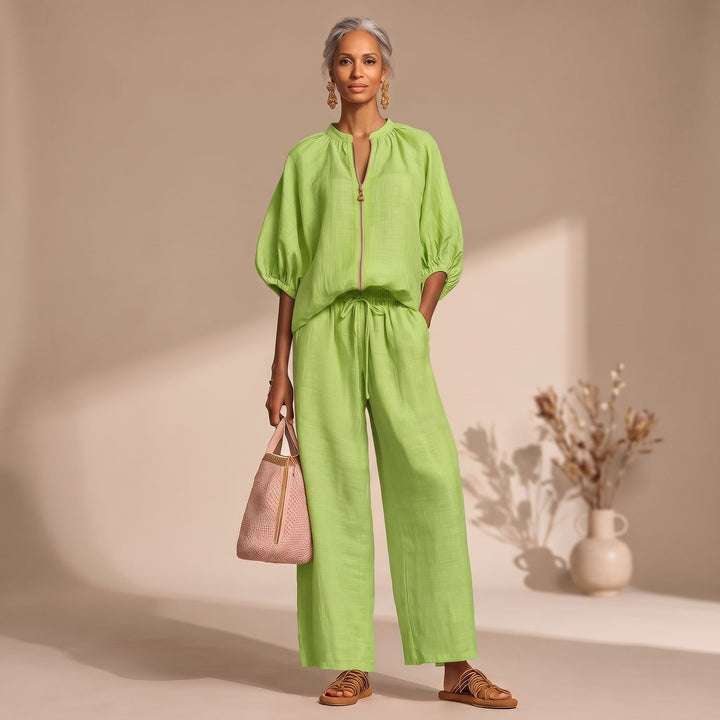 Dames Tweedelige Set Pofmouw Top Wijdbeense Broek Zomerset - Groen