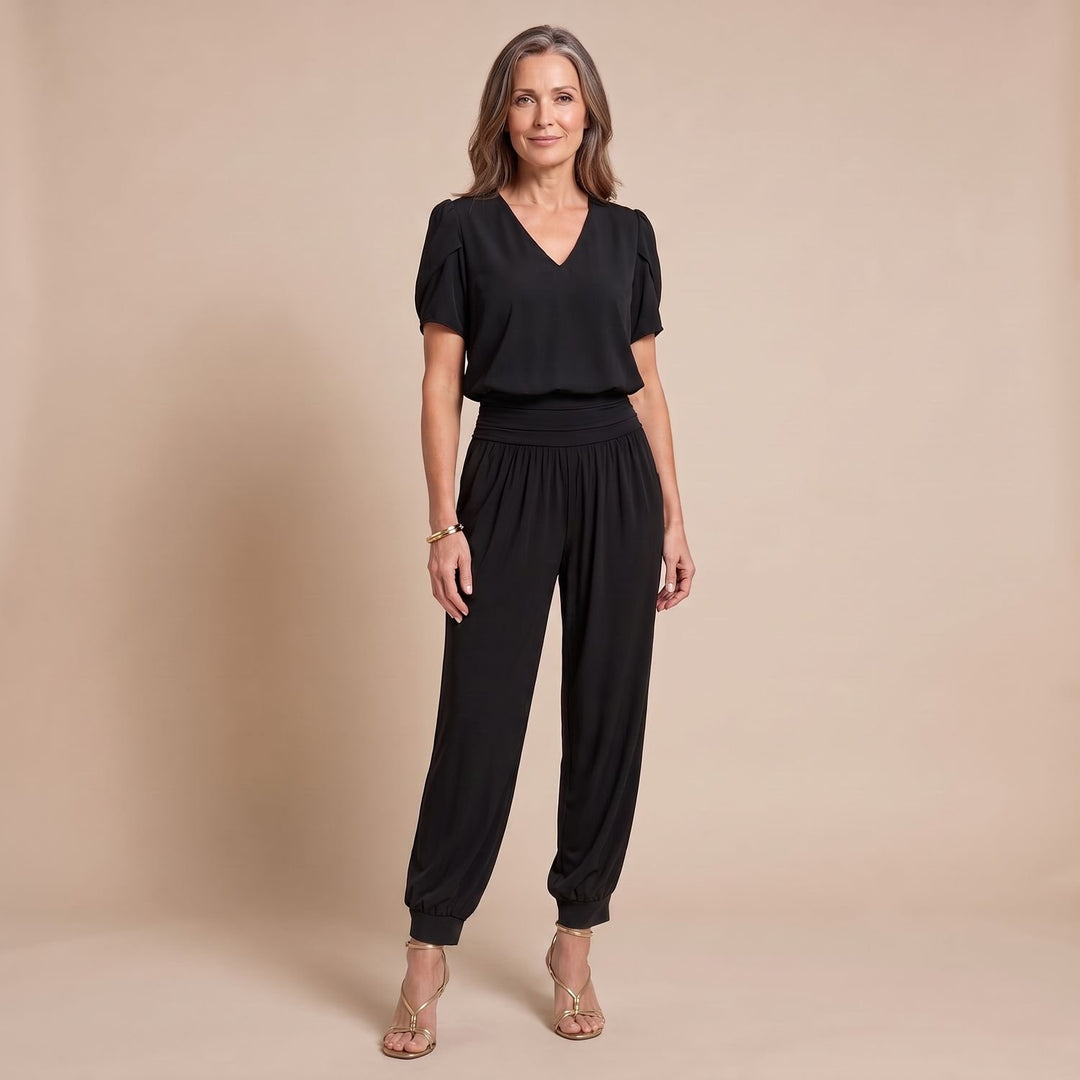 Dames Tweedelige Set V-hals Top Joggingbroek - Zwart