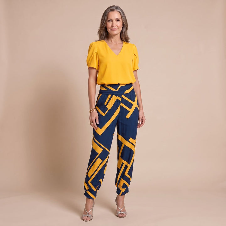 Dames Tweedelige Set V-hals Top Joggingbroek - Geel