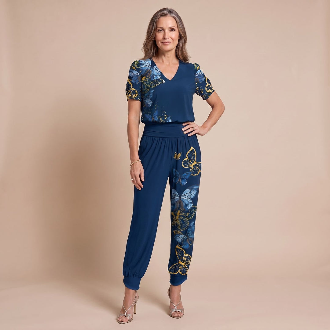 Dames Tweedelige Set V-hals Top Joggingbroek - Blauw