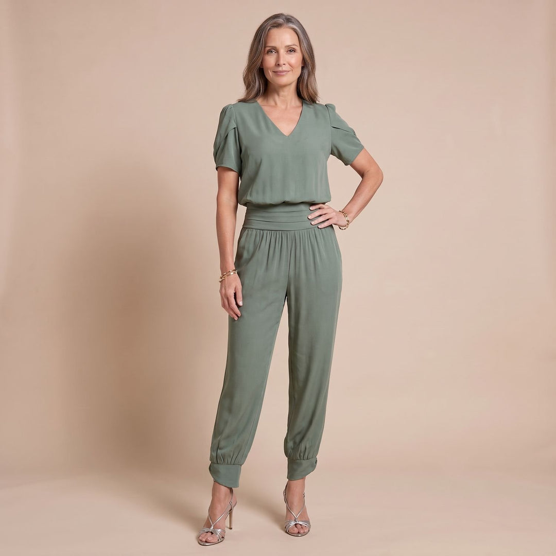 Dames Tweedelige Set V-hals Top Joggingbroek - Groen