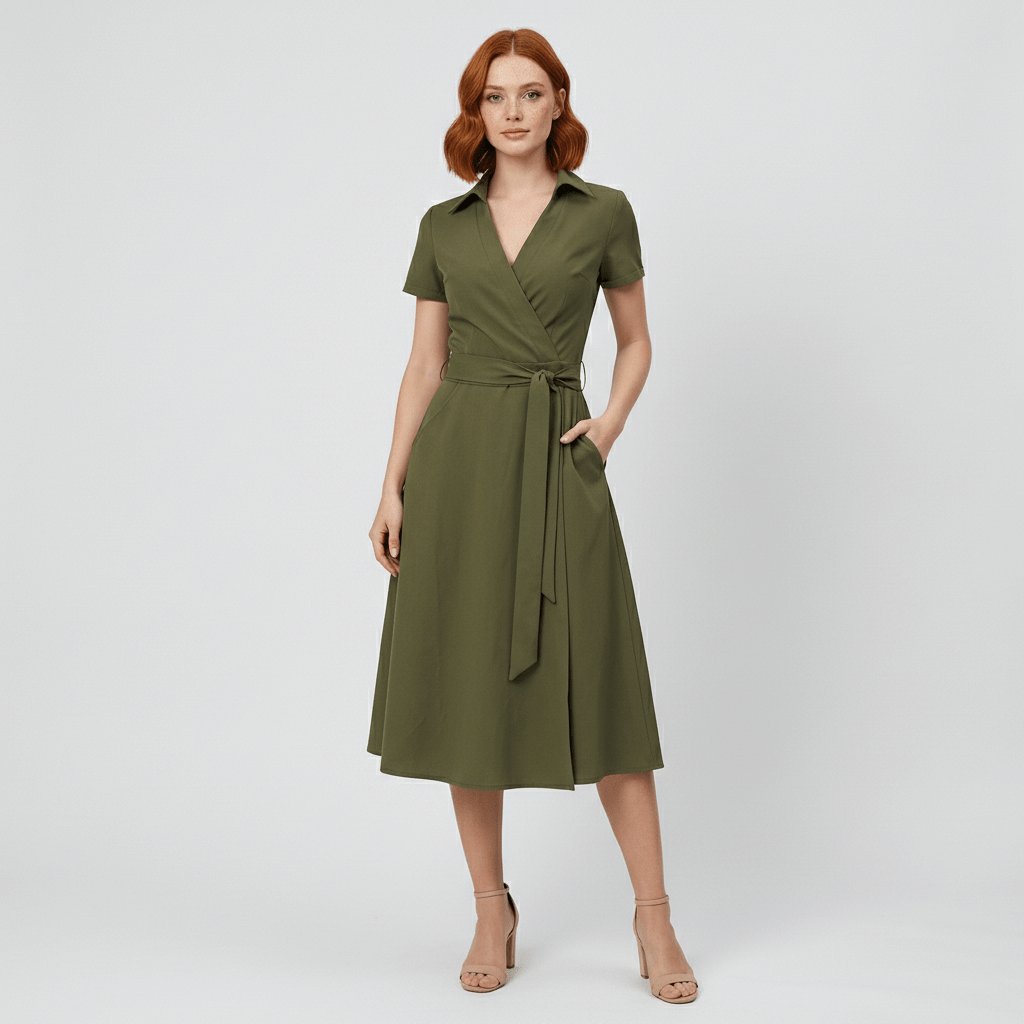 Dames V-hals A-lijn Midi-jurk met Korte Mouwen en Strikceintuur - Olive Green