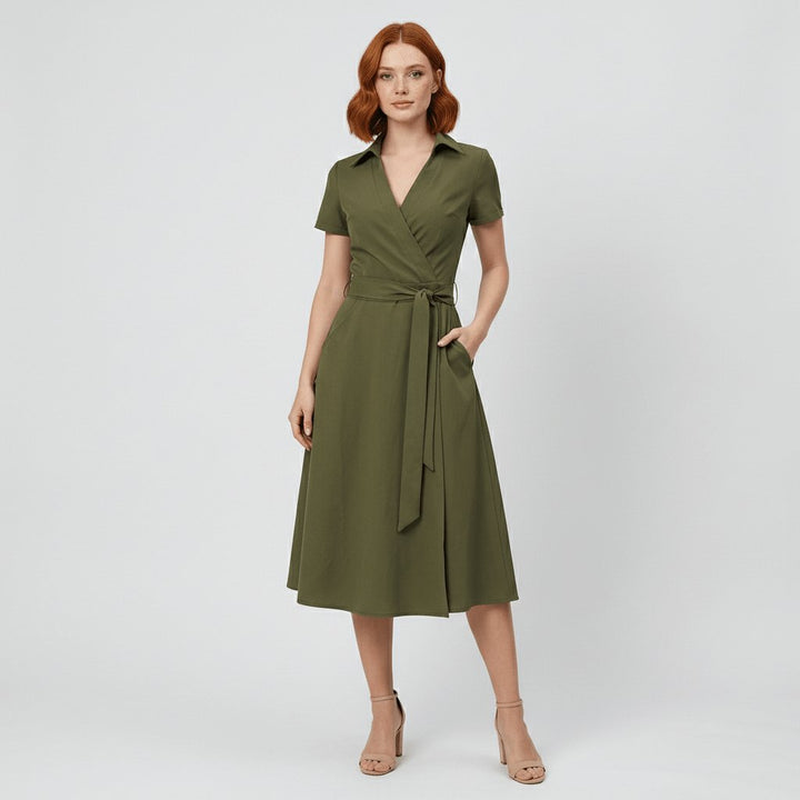 Dames V-hals A-lijn Midi-jurk met Korte Mouwen en Strikceintuur - Olive Green