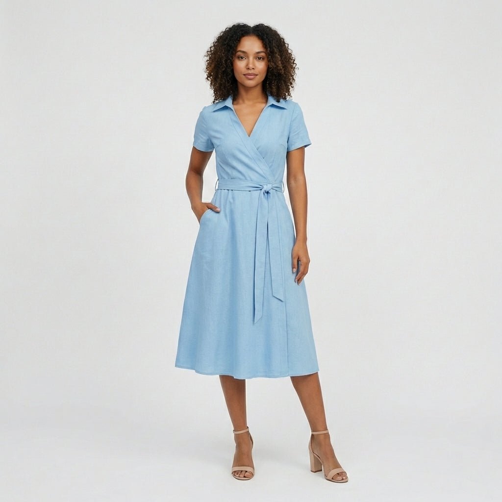 Dames V-hals A-lijn Midi-jurk met Korte Mouwen en Strikceintuur - Sky Blue