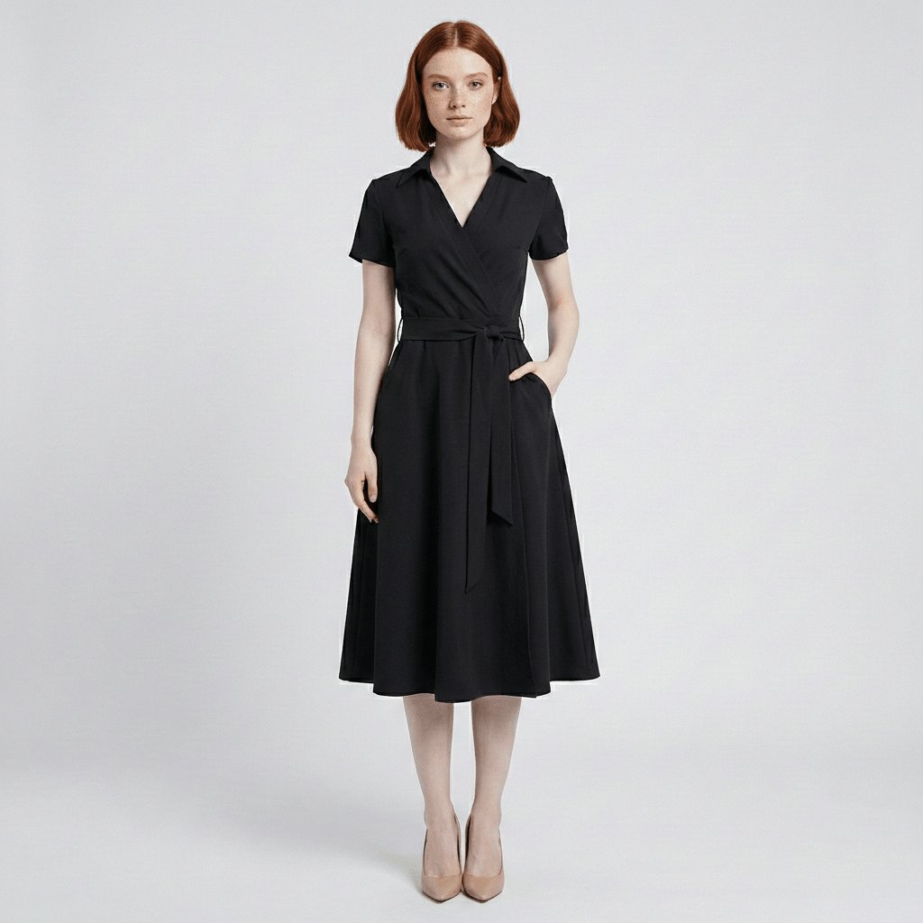 Dames V-hals A-lijn Midi-jurk met Korte Mouwen en Strikceintuur - Deep Black
