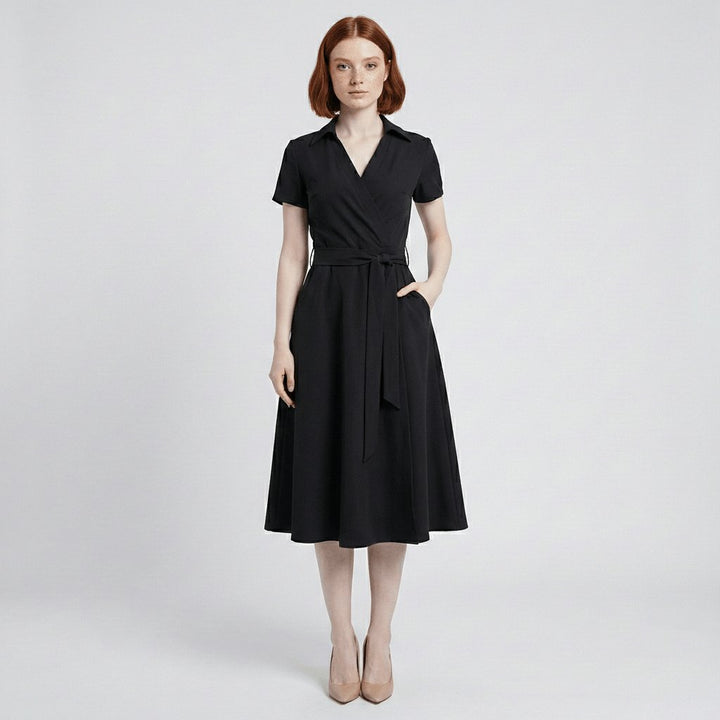 Dames V-hals A-lijn Midi-jurk met Korte Mouwen en Strikceintuur - Deep Black