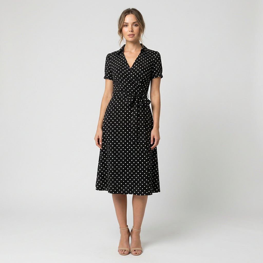 Dames V-hals A-lijn Midi-jurk met Korte Mouwen en Strikceintuur - Spotty Multicolour