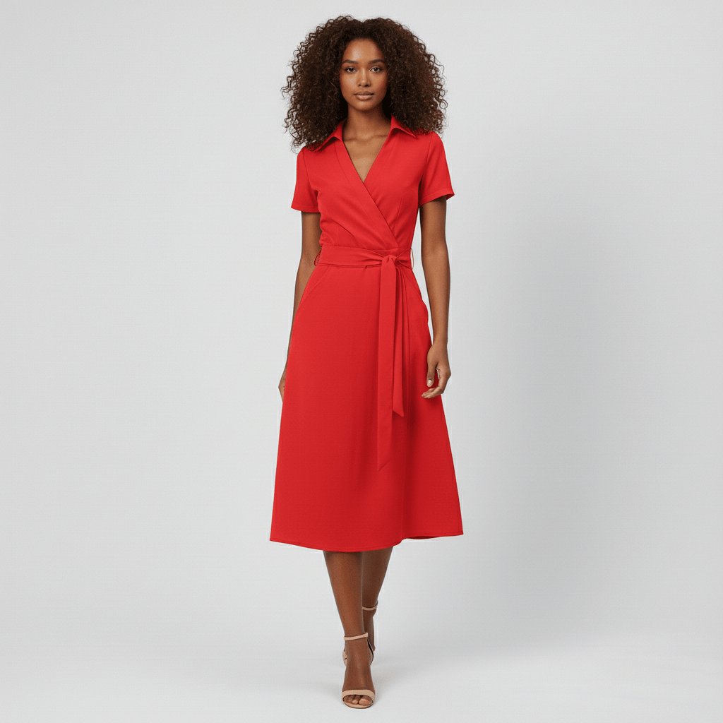 Dames V-hals A-lijn Midi-jurk met Korte Mouwen en Strikceintuur - Classic Red