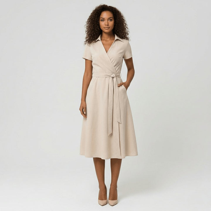 Dames V-hals A-lijn Midi-jurk met Korte Mouwen en Strikceintuur - Pale Beige