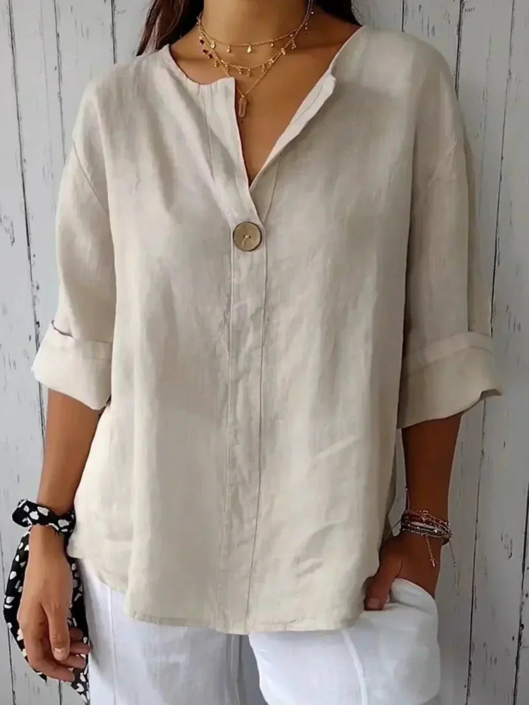 Dames V-hals Blouse Relaxed Fit Driekwart Mouw Knoop - Beige
