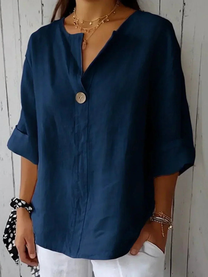 Dames V-hals Blouse Relaxed Fit Driekwart Mouw Knoop - Navy Blue