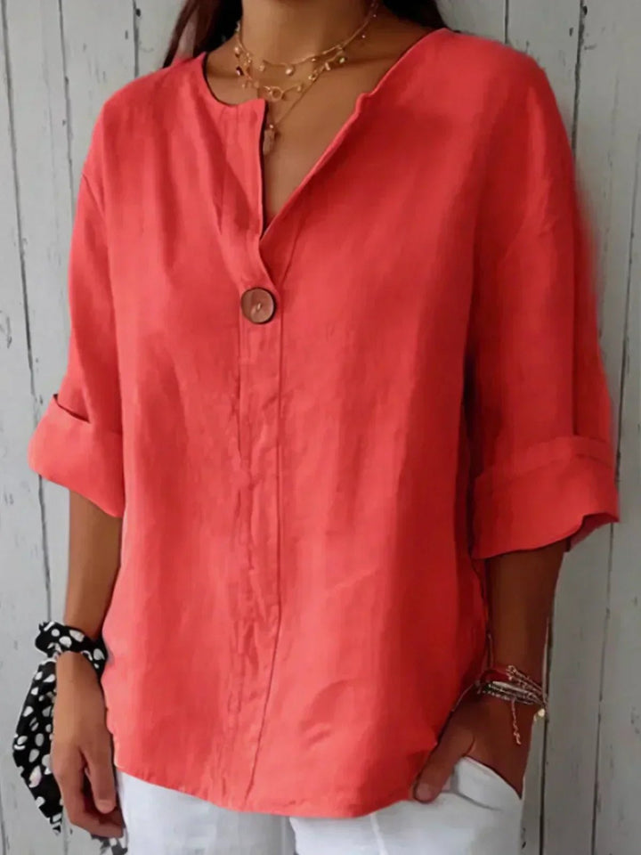 Dames V-hals Blouse Relaxed Fit Driekwart Mouw Knoop - Red