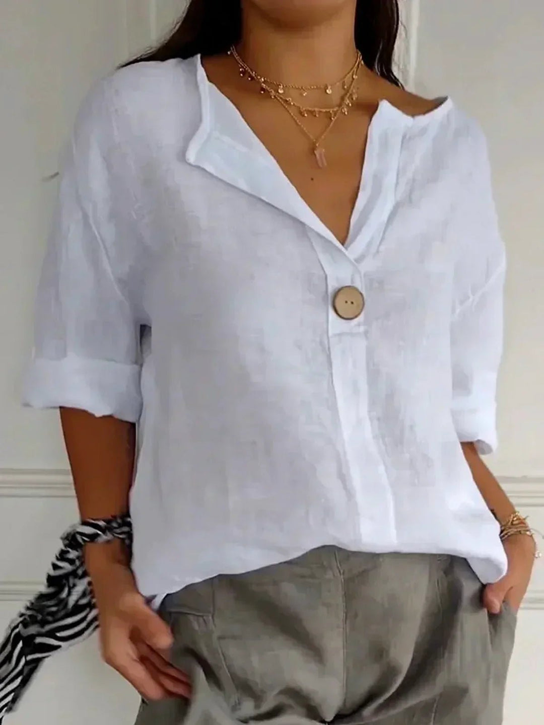 Dames V-hals Blouse Relaxed Fit Driekwart Mouw Knoop - White