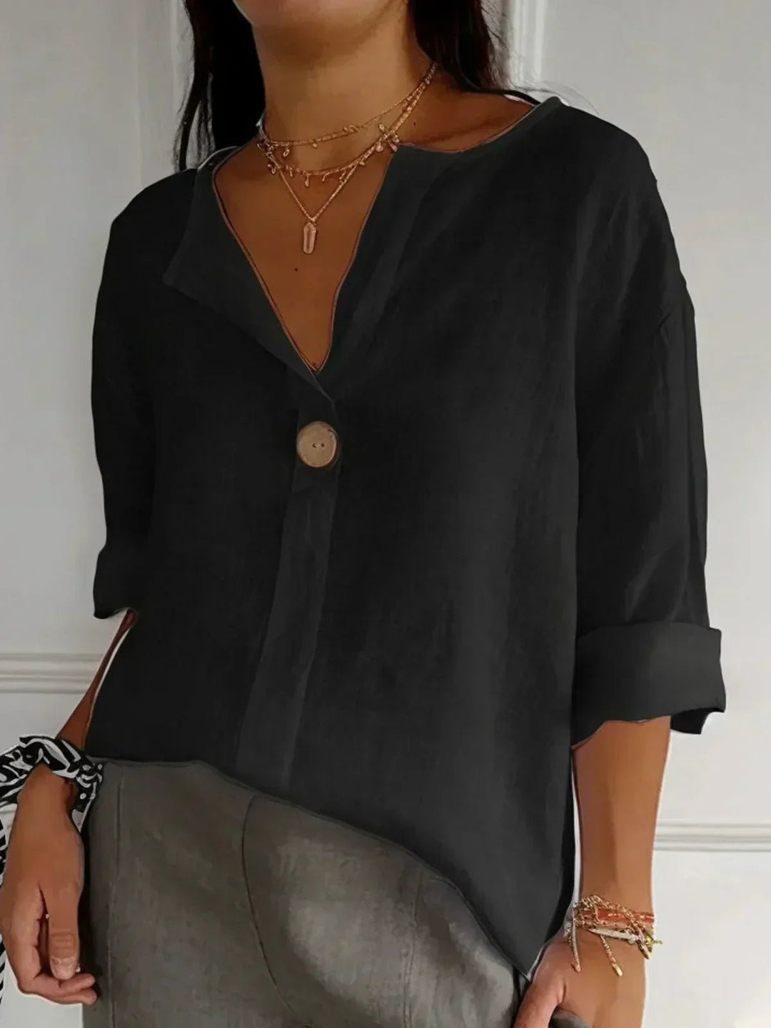 Dames V-hals Blouse Relaxed Fit Driekwart Mouw Knoop - Black