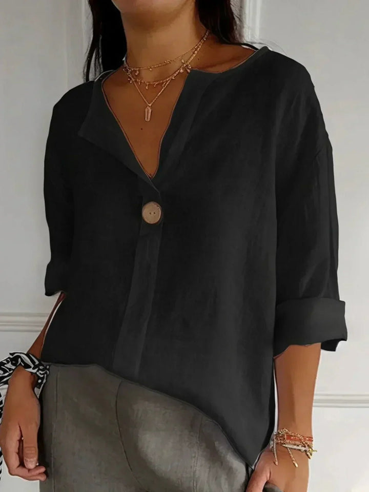 Dames V-hals Blouse Relaxed Fit Driekwart Mouw Knoop - Black