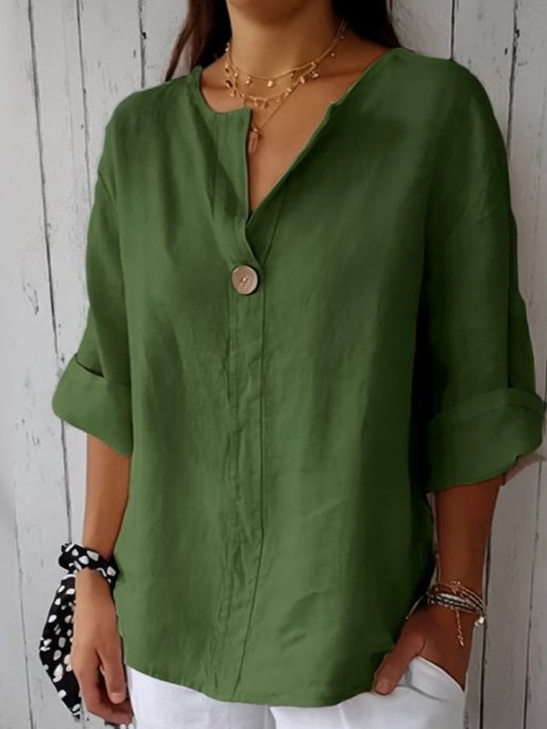Dames V-hals Blouse Relaxed Fit Driekwart Mouw Knoop - Green