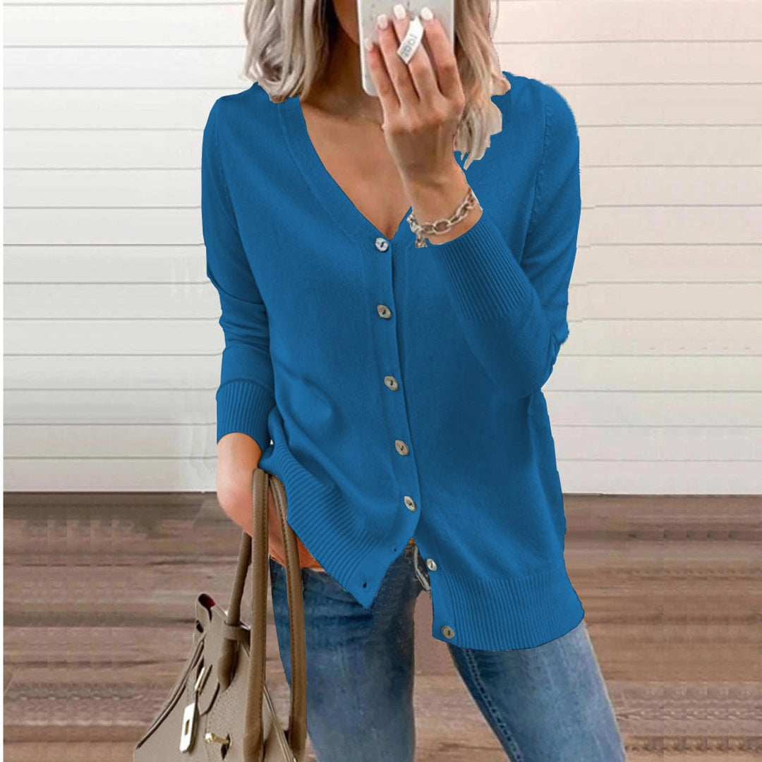 Dames V-hals Gebreide Cardigan Knoopsluiting Lange Mouwen - Blauw