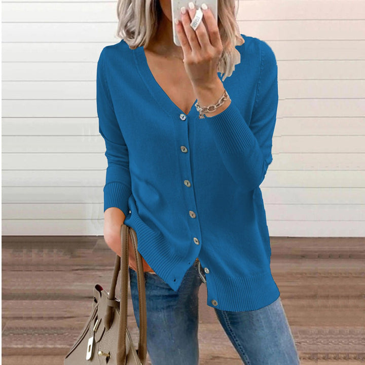 Dames V-hals Gebreide Cardigan Knoopsluiting Lange Mouwen - Blauw