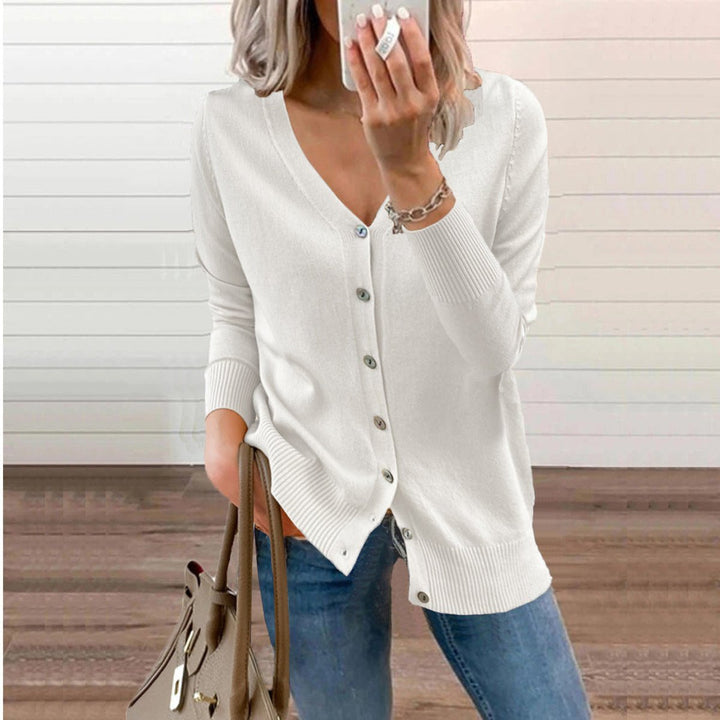 Dames V-hals Gebreide Cardigan Knoopsluiting Lange Mouwen - Wit