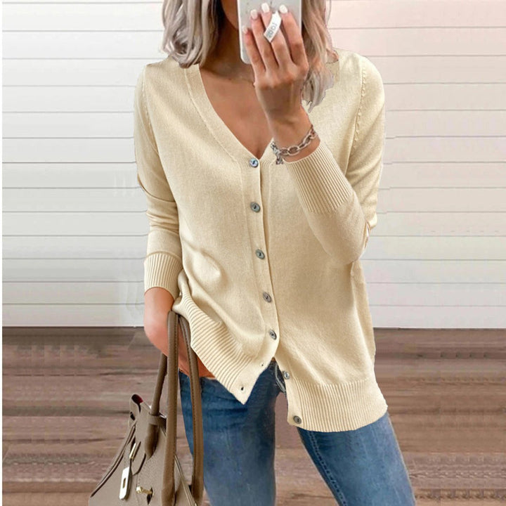 Dames V-hals Gebreide Cardigan Knoopsluiting Lange Mouwen - Beige