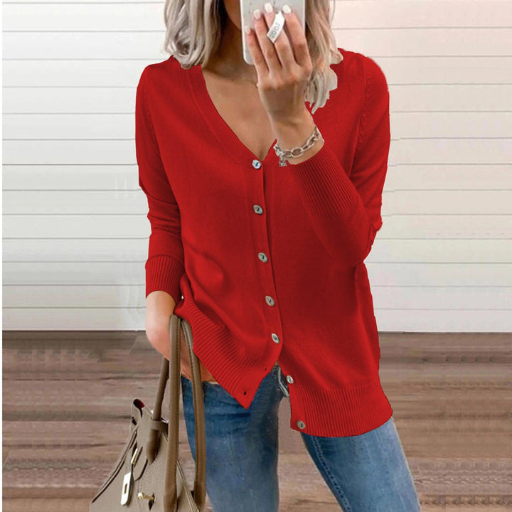 Dames V-hals Gebreide Cardigan Knoopsluiting Lange Mouwen - Rood