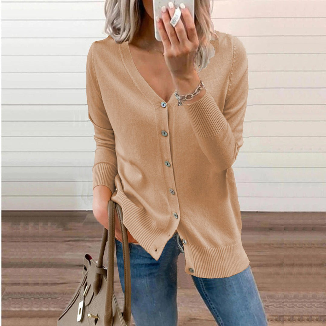Dames V-hals Gebreide Cardigan Knoopsluiting Lange Mouwen - Camel