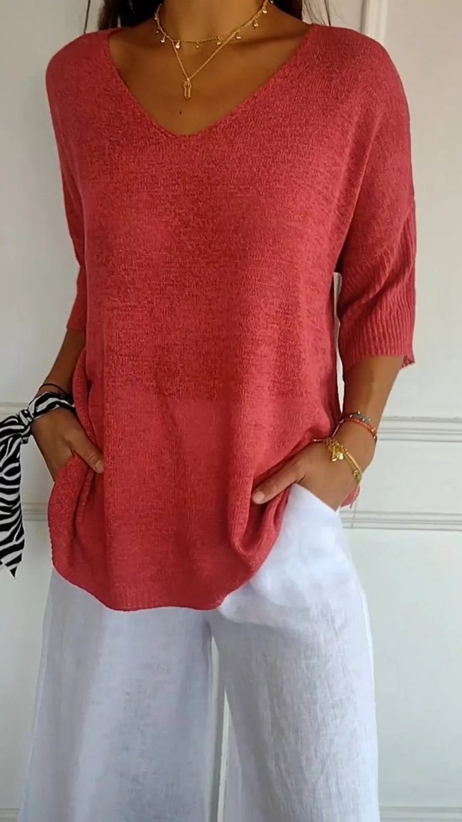 Dames V-hals Gebreide Oversized Korte Mouw Top - Rood