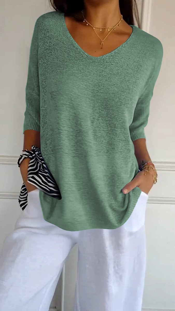 Dames V-hals Gebreide Oversized Korte Mouw Top - Grasgroen