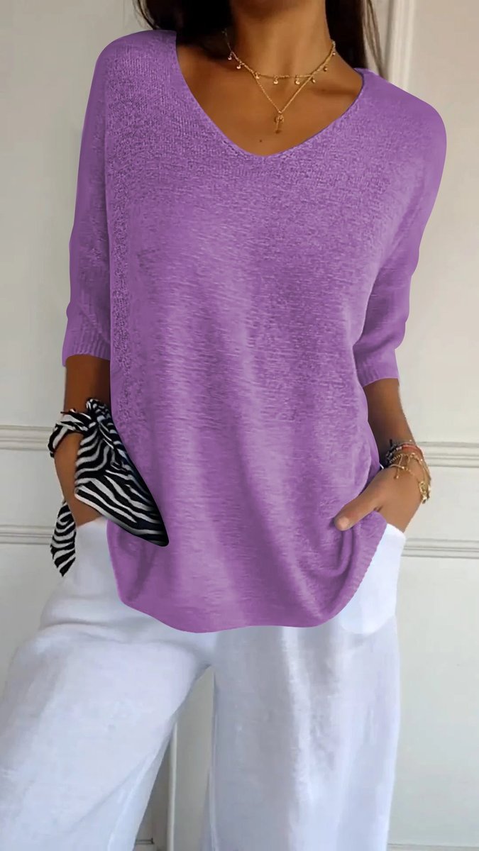 Dames V-hals Gebreide Oversized Korte Mouw Top - Paars