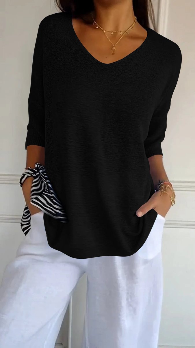 Dames V-hals Gebreide Oversized Korte Mouw Top - Zwart