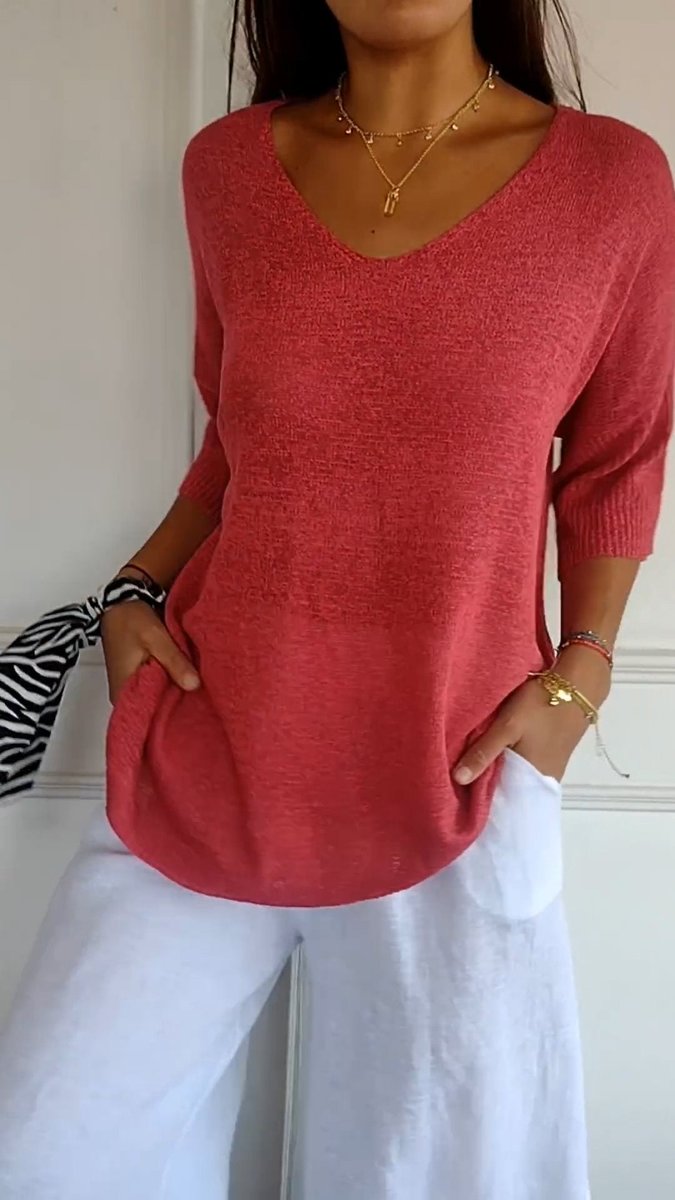 Dames V-hals Gebreide Oversized Korte Mouw Top