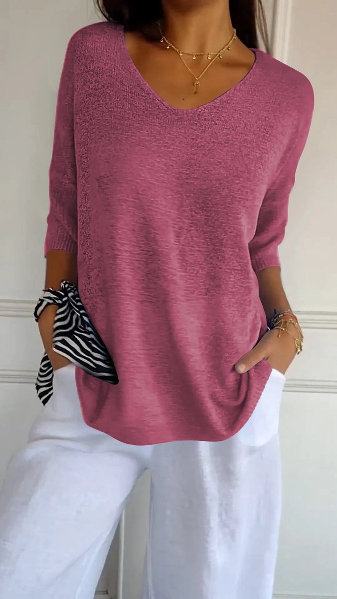 Dames V-hals Gebreide Oversized Korte Mouw Top - Roze